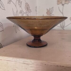 Amber Glass Pedestal Bowl, Floral Etched Edge‎ Design Dish, Vtg Footed Glassware